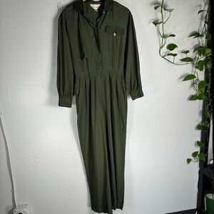 Vintage olive green jumpsuit boiler suit women 10/11 longsleeve pocket button up